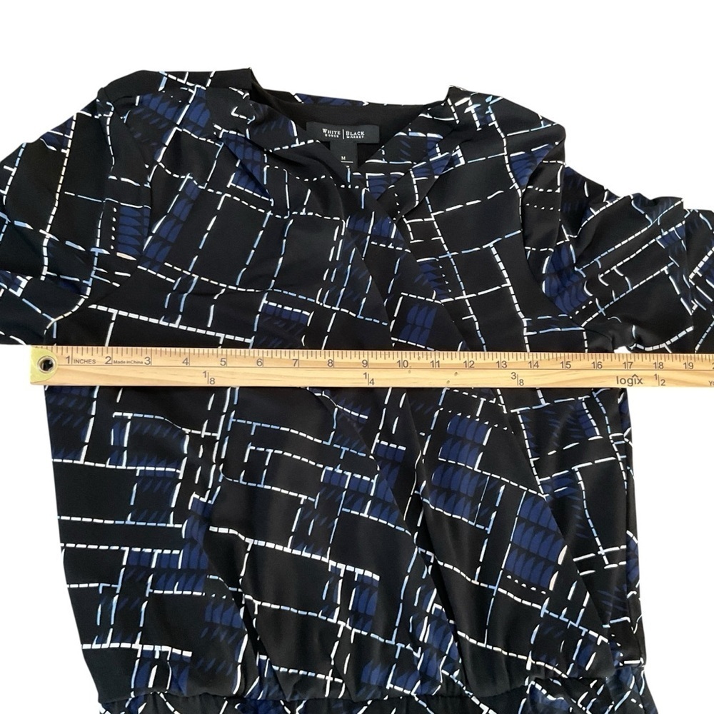 White House Black Market Black & Blue Geometric Print Faux Wrap Dress Size M - Picture 7 of 8